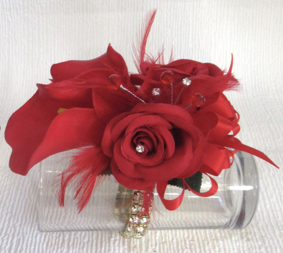 Red and Gold Wrist Corsage, Prom Corsage,